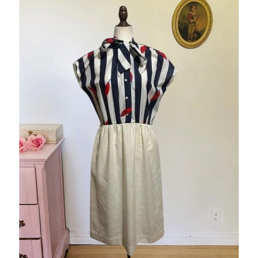 Vintage 70s Jerrie Lurie Tie Bow Dress Plus 1X 4th Of July Patriotic Coquette